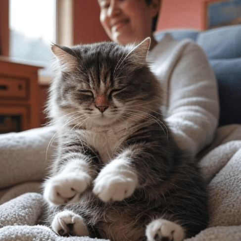  A cat kneading a human's lap or soft blanket with its paws, looking peaceful.
