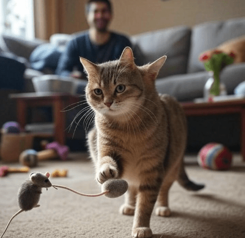 A proud cat offering a toy or leaf to its owner indoors.

