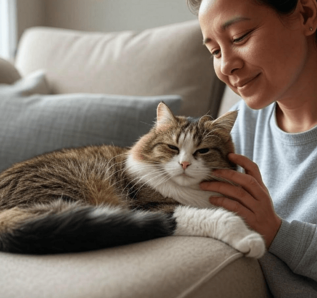A cat cuddled up next to its owner on a couch, both looking content.
