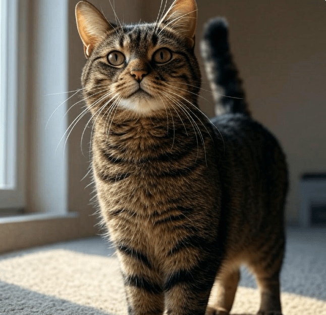 A cat standing tall with fur slightly puffed up, tail upright or curved, body tense and alert. 