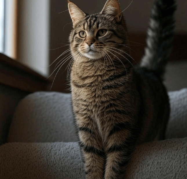  A cat rubbing its cheek or head against a human hand or furniture, demonstrating scent marking. 
