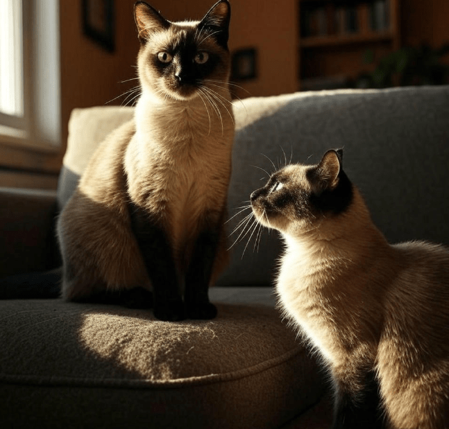 Two cats in a home environment, one with a confident stance and the other appearing cautious or submissive; or a cat watching a new person enter. 
