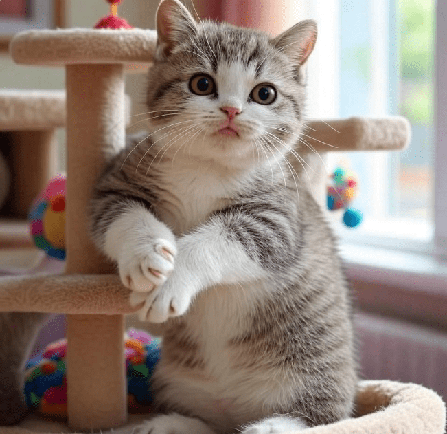  A lively cat playing with interactive toys or climbing a modern cat tree indoors