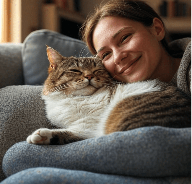 A relaxed cat cuddling or sitting contentedly next to a smiling owner in a cozy home setting 