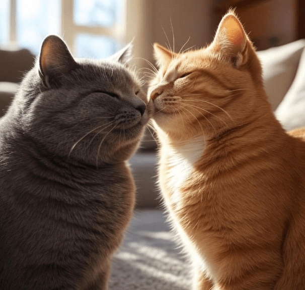 Two cats gently rubbing against each other, showing friendly social behavior.
