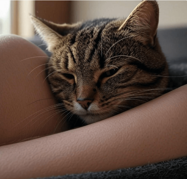 A close-up of a cat rubbing its forehead on a person’s arm, highlighting facial scent glands.
