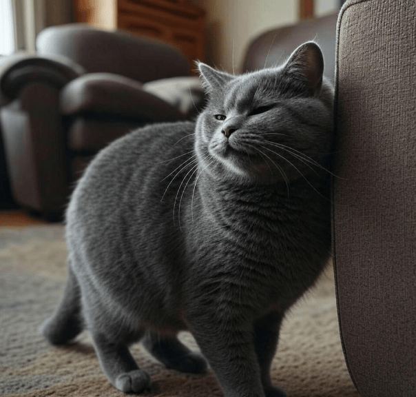 A cat rubbing its cheek on a couch corner or doorframe.
