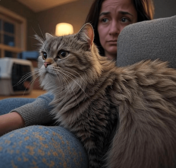 A cat leaning gently against a person after returning from a vet visit, with soft body language.
