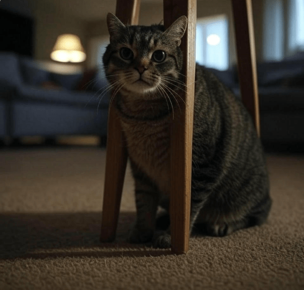A concerned-looking cat rubbing its body repeatedly against furniture, suggesting distress.
