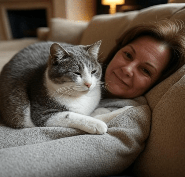 A peaceful moment of a cat lying beside its owner, both looking content.

