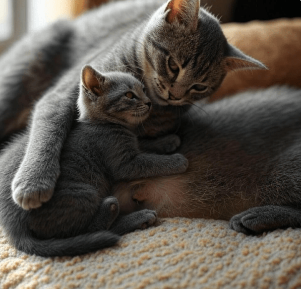 A mother cat being kneaded by her kitten during nursing.
