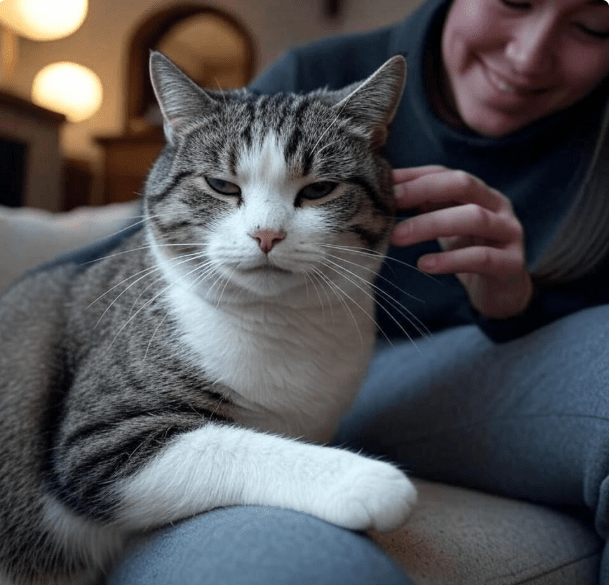  A cat kneading a person’s lap while being petted.
