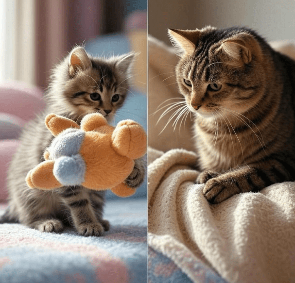  Side-by-side comparison of a kitten and an adult cat kneading.
