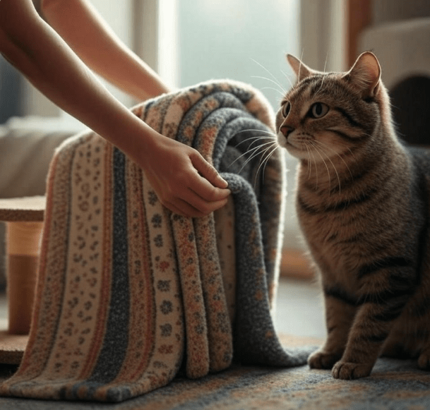 A person guiding a cat toward a blanket or scratching post.
