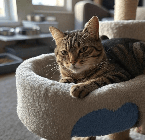 A calm cat resting peacefully on a cat tree, surrounded by essentials like food bowl, litter box, and scratch post — indicating a balanced environment.
