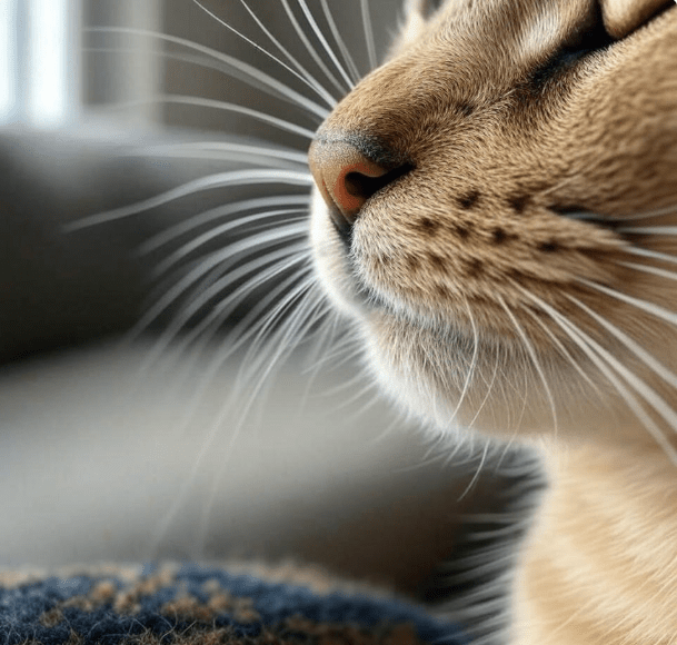 A close-up of a cat's nose and whiskers in focus, emphasizing how cats use their sense of smell to perceive the world.
