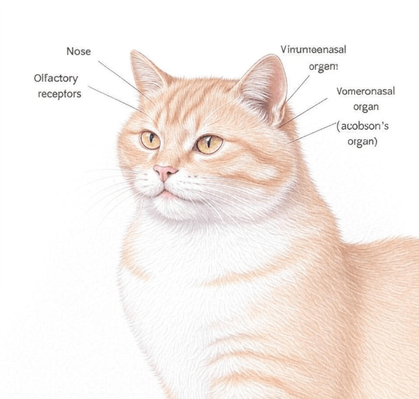Educational diagram of a cat’s head showing internal olfactory structures including the nasal cavity and Jacobson’s organ.

