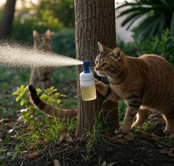  A cat urine marking a vertical surface outdoors, while another cat watches from a distance.
