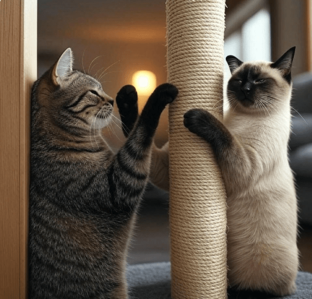 One cat rubbing its head on a door frame and another scratching a post, showing both types of scent marking.
