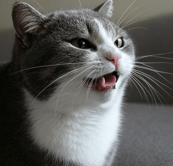 A cat with its mouth open and lips curled back slightly, mid-Flehmen response.

