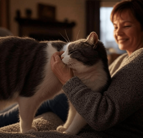 A cat rubbing against its owner's legs while the owner smiles down or pets it, showing trust and scent exchange.

