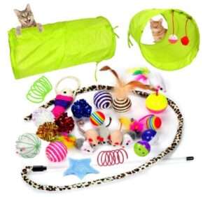 Youngever 24 Cat Toys Kitten Toys Assortments, 2 Way Tunnel, Cat Feather Teaser - Wand Interactive Feather Toy Fluffy Mouse, Crinkle Balls for Cat, Puppy, Kitty, Kitten
