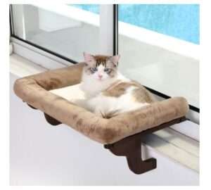 Cat Perch for Window Sill with Bolster - Orthopedic Hammock Design with Premium Hardwood & Robust Metal Frame - Cat Window Seat for Large Cats and Kittens - Dark Stained Wood with Brown Bed
