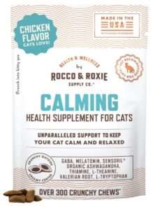 Rocco & Roxie Cat Calming Treats with Melatonin for Cats, Stress and Anxiety Relief, Keep Calm for Grooming, Travel, or Vet Visits, Aid Sleep with Organic Ashwagandha and GABA, Chicken Flavored Chews
