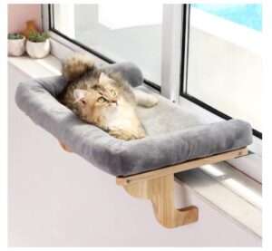 Cat Perch for Window Sill with Bolster - Orthopedic Hammock Design with Premium Hardwood & Robust Metal Frame - Cat Window Seat for Large Cats and Kittens - Natural Color Wood with Gray Bed 