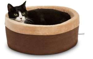 K&H Pet Products Thermo-Kitty Bed Heated Cat Beds for Indoor Cats & Dogs, Calming Warming Pillow Pet Bed, Machine Washable, Removable Heater, Safety Listed - Small 16" Round Mocha/Tan
