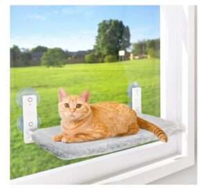 AMOSIJOY Cordless Cat Window Perch, Cat Hammock for Wall with 4 Suction Cups, Anchor&Screw for Two Ways of Installation, Solid Metal Frame and Reversible Cover, Foldable Cat Beds for Indoor Cats 