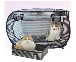 Necoichi Stress-Free Enclosure Cat Travel Carrier Cage 31.8" L x 20.0" W x 20.0" H with Litter Box Set Collapsible Gray White Stripes | Pop up Kannel, Crates 