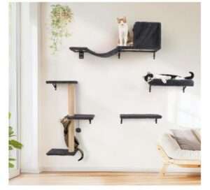 FUKUMARU Cat Wall Shelves, Stable & Safe 4 in 1 Cat Furniture Set, Wooden Climbing Wall with Scratching Post for 16 Inch Drywall - Gray
