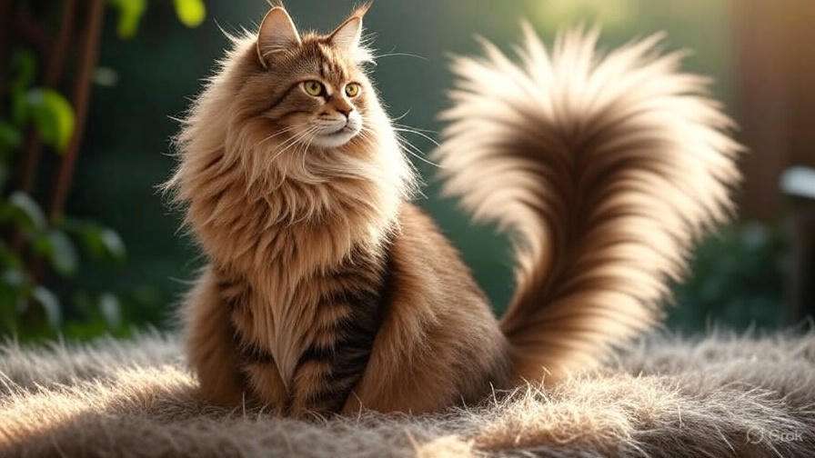 Maine Coon cat with a double-layered coat, lion-like mane, and fluffy tail in a softly lit natural setting