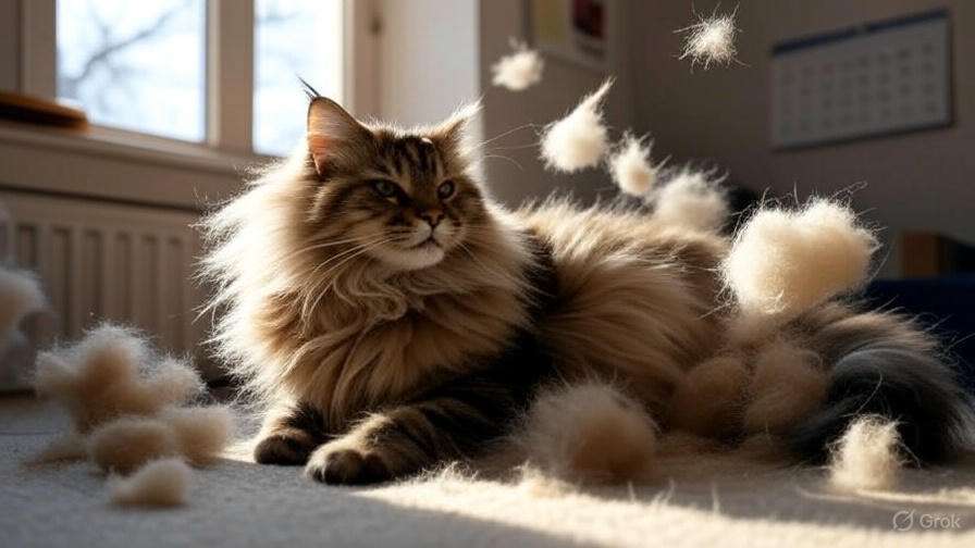 Maine Coon cat shedding in a cozy indoor setting with fur clumps and tumbleweeds, near a sunny window