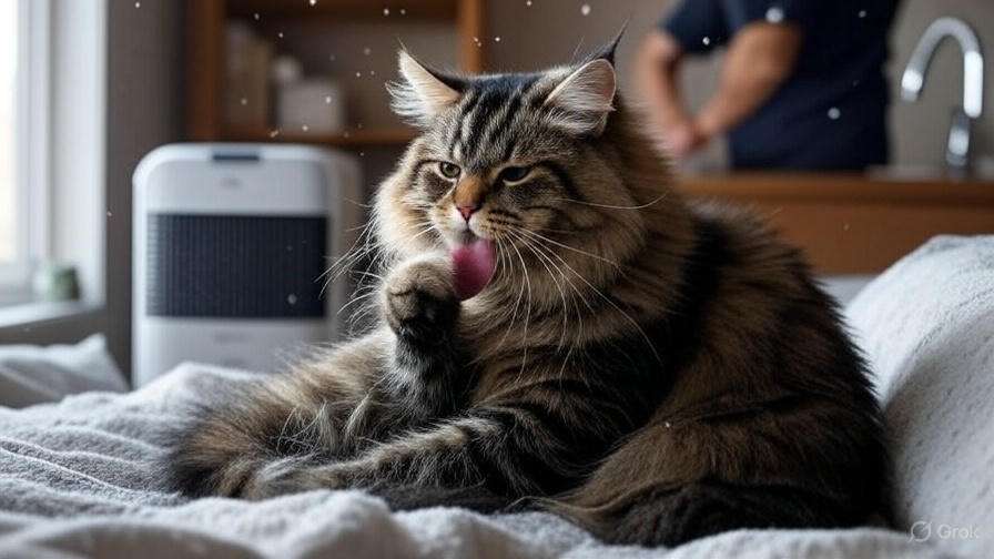 Maine Coon cat grooming in a bedroom with dander particles, an air purifier, and a person washing hands