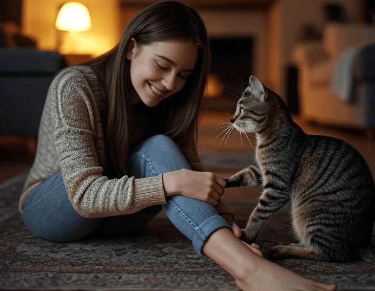 A woman sitting on the floor while a cat rubs against her legs affectionately, with warm lighting and a calm, homey atmosphere.
