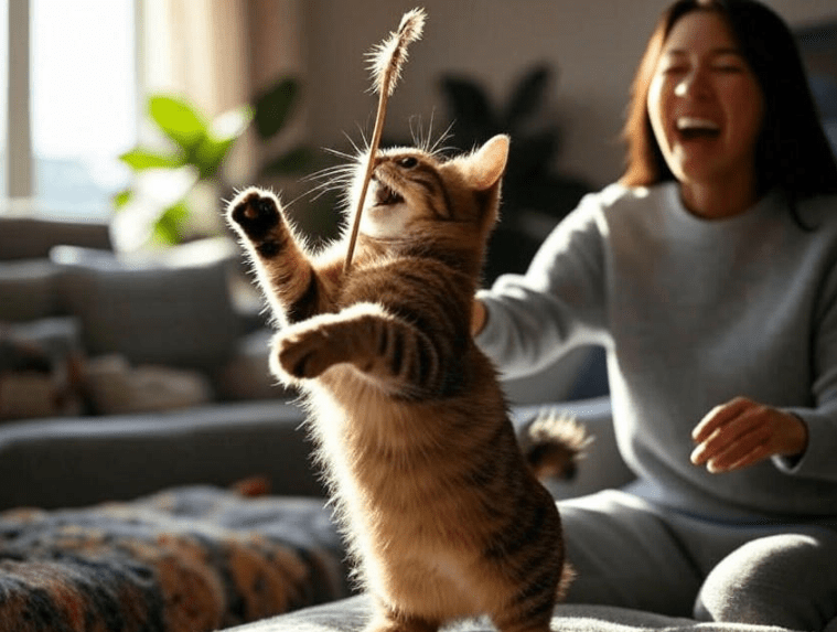 A cat mid-play, leaping or chasing a feather wand toy, with the owner gently smiling or interacting.
