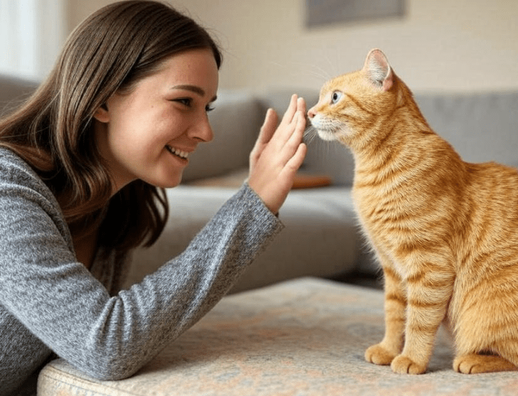 A cat and owner engaging in a bonding activity (like high five or gentle petting), showing a strong connection.