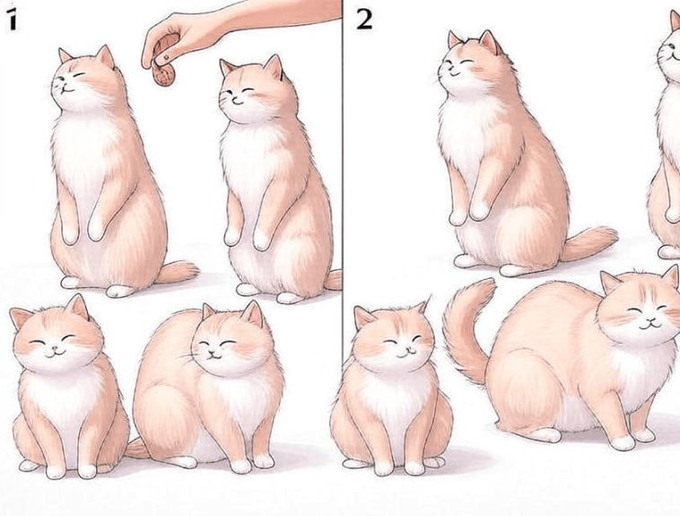 A step-by-step instructional visual showing a cat learning to sit with a treat above its head.
