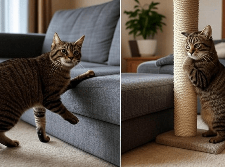 A side-by-side comparison of a cat scratching a couch vs. using a scratching post.
