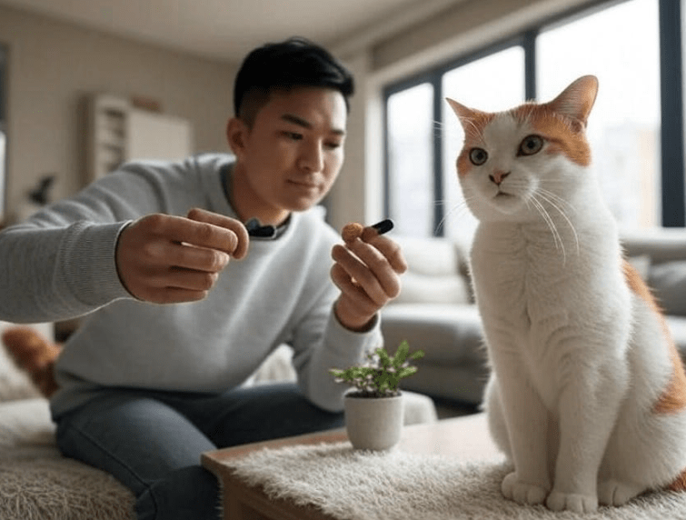 A cat with a clicker and treat setup, showing owner training the cat.
