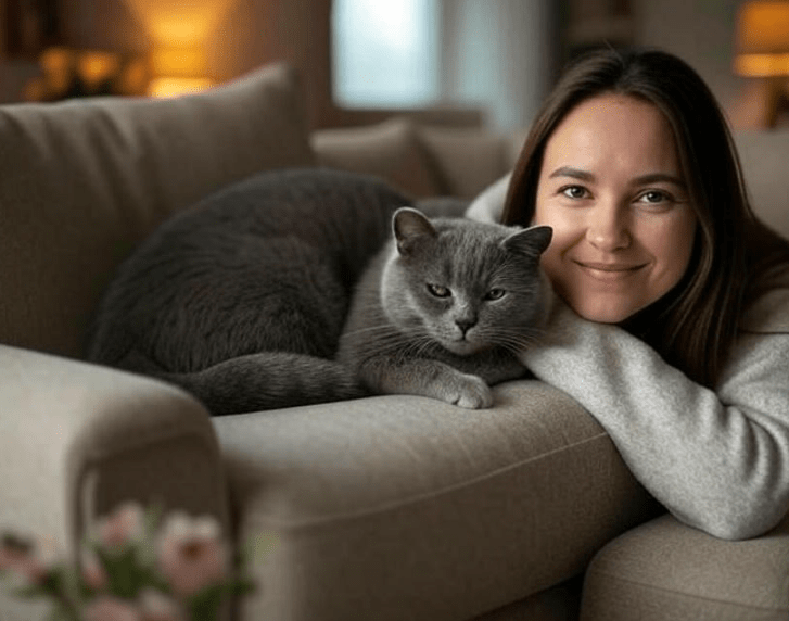 A happy cat and relaxed owner sitting peacefully in a clean home environment.