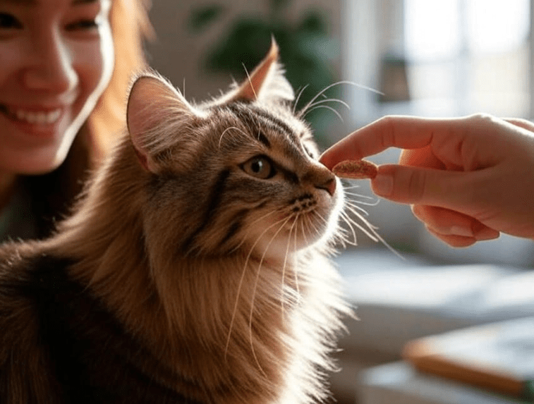 A cat being rewarded with a treat by a caring owner.
