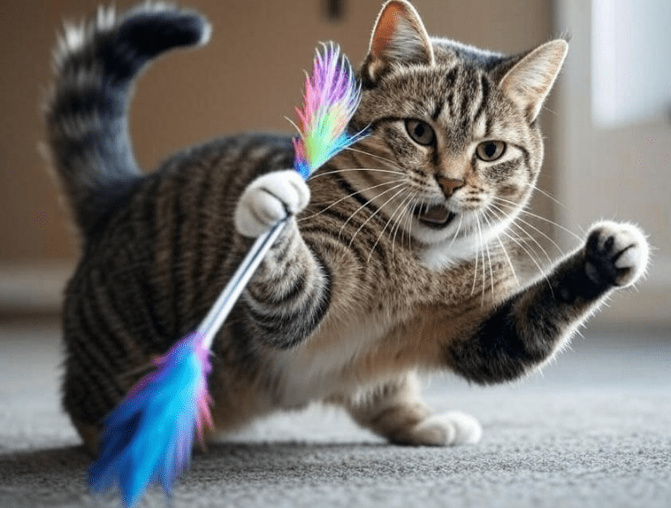A cat playing actively with a feather wand toy or a laser pointer.
