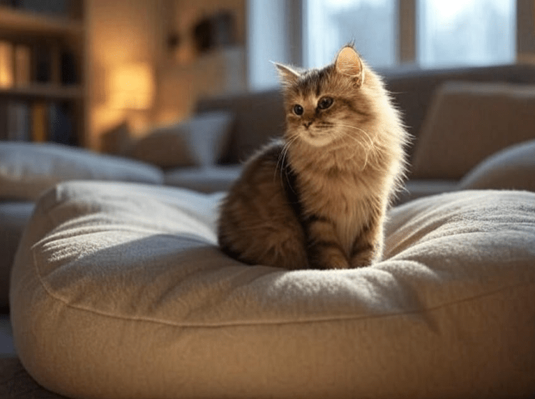 A cat sitting calmly in a quiet corner or a cozy enclosed space, alone and relaxed.
