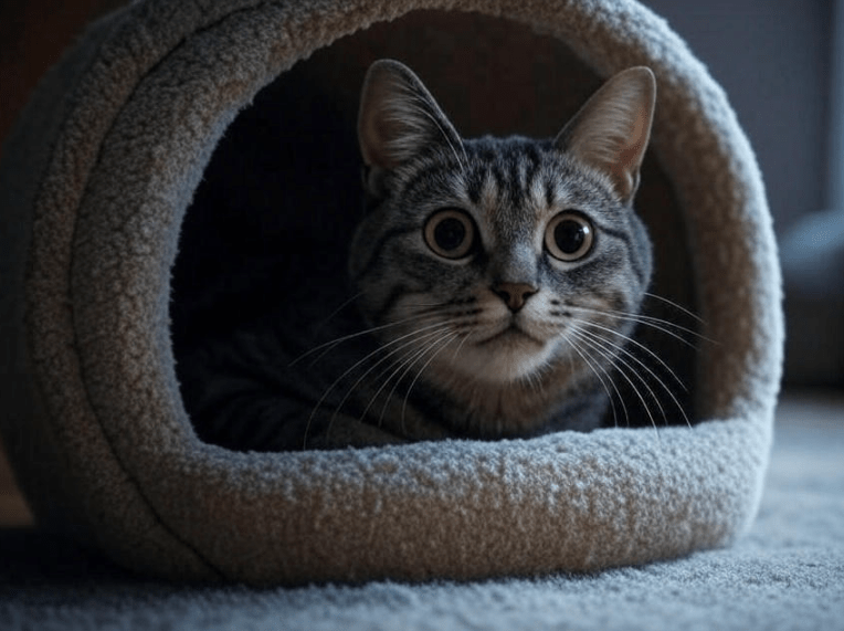 A frightened cat hiding or retreating to a safe, sheltered spot like a cat cave or under a blanket.
