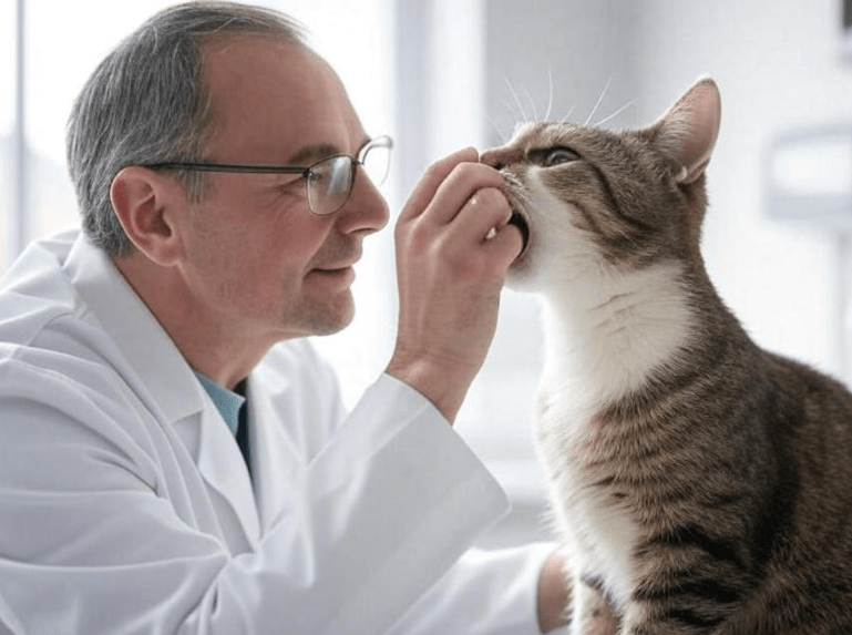 A veterinarian gently examining a cat’s mouth or teeth in a clinic setting.
