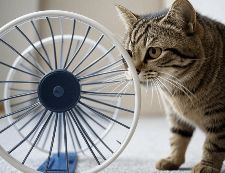  A cautious cat sniffing or observing a new cat wheel for the first time.