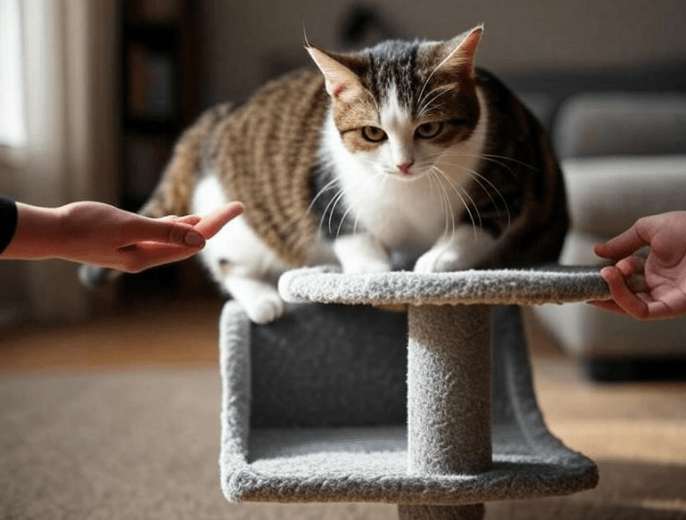 A cat taking its first few steps inside a slowly moving wheel, with a human hand nearby offering a treat.
